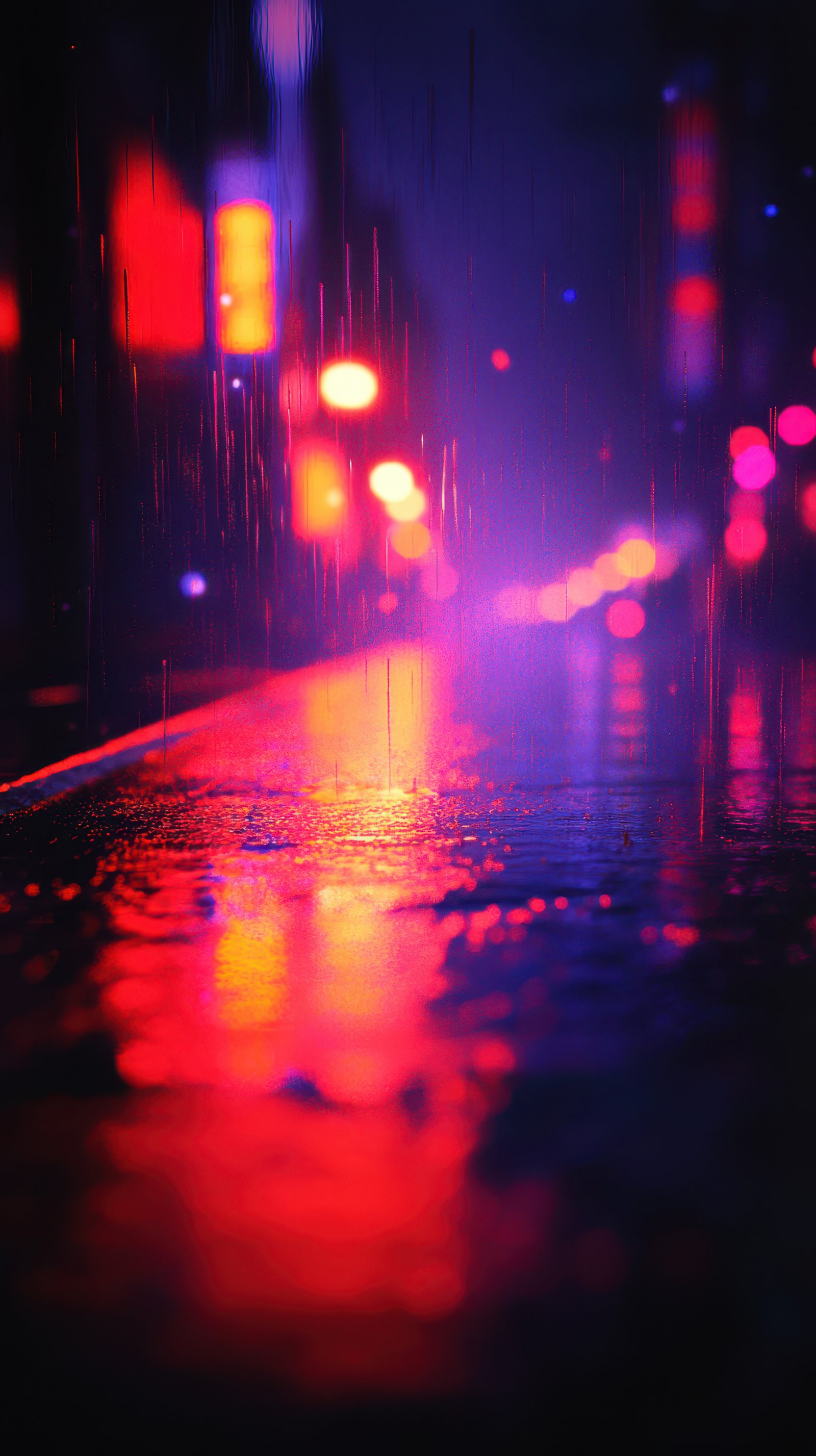 Vibrant city lights reflected in rain-soaked streets during a nighttime downpour